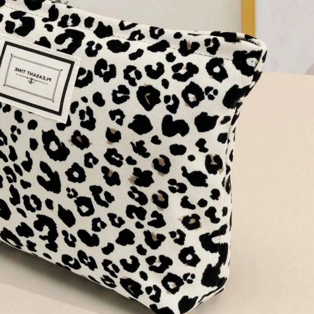 White Leopard Print Cosmetic Bag Chic Travel Pencil Pouch Makeup Bag